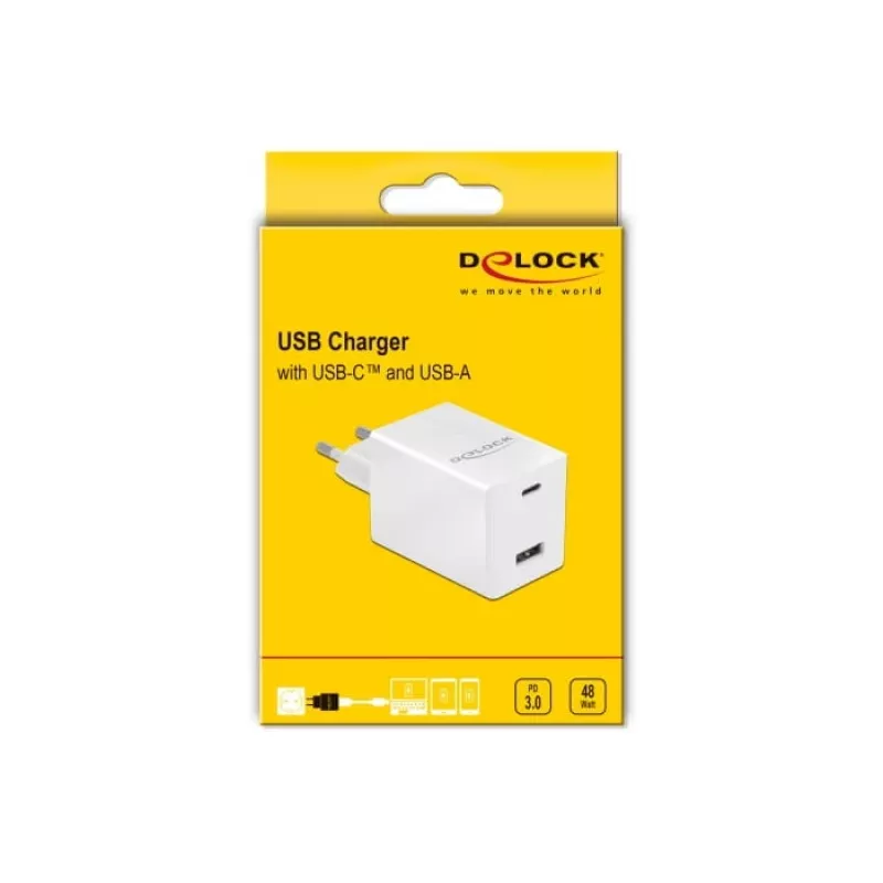 Carregador DeLOCK USB GaN USB Type-C PD 3.0 e USB Type-A 48 W
