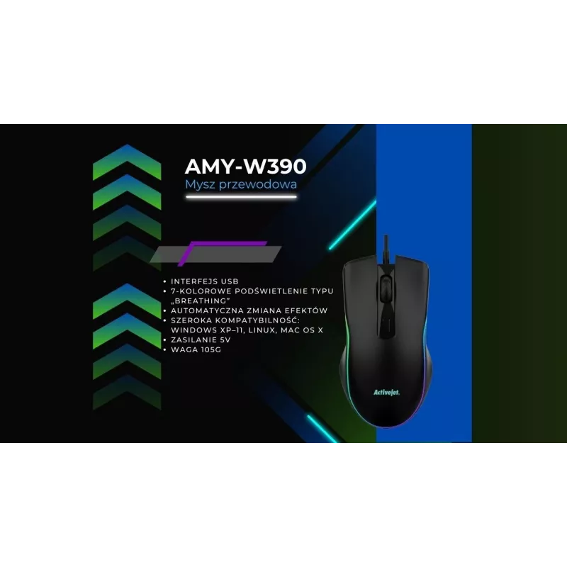 Rato gaming com fios aquecido ActiveJet AMY-W390 — ambidestro, ótico 2000 DPI, USB Type-A, 4 botões, preto