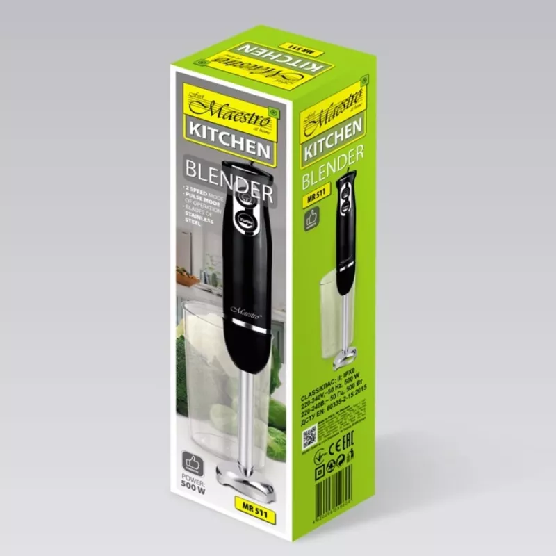 Batedeira liquidificadora de sopa Maestro MR-511 — 500 W, 2 velocidades, impulso, turbo, copo removível de 900 ml, lâminas em aço inoxidável, preta