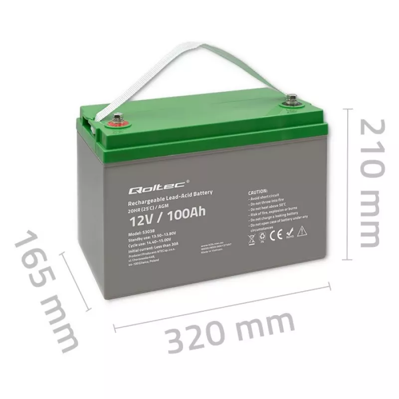 Qoltec 53038 bateria AGM | 12V | 100Ah | máx 1200A