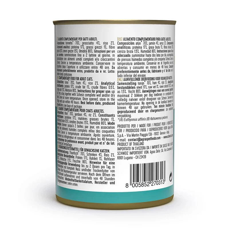 SCHESIR Atum com Presunto em Caldo - Alimento húmido para gatos - 140 g