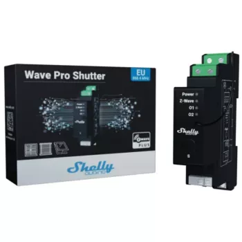 Controlo de estores Shelly Wave Pro Shutter, preto, caixa de plástico, 110–240 V AC, 50–60 Hz, 0,3 W, 19×69×94 mm