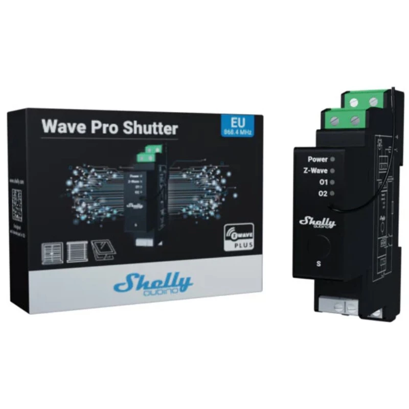 Controlo de estores Shelly Wave Pro Shutter, preto, caixa de plástico, 110–240 V AC, 50–60 Hz, 0,3 W, 19×69×94 mm