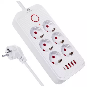 Extensão elétrica MACLEAN MCE389 W — 6 tomadas, 4×USB-A, 1×USB-C, 2500W, 110–240V, cabo de 1,5 m, branco
