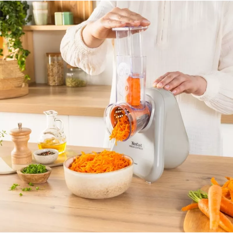 Cortador de legumes elétrico Tefal Fresh Express DN853BE0 — 150 W, 3 discos intercambiáveis, 1 velocidade, creme
