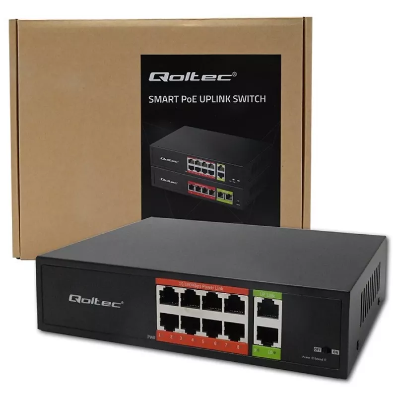 Switch de rede QOLTEC Fast Ethernet PoE 8xRJ45 com 2xRJ45 uplink