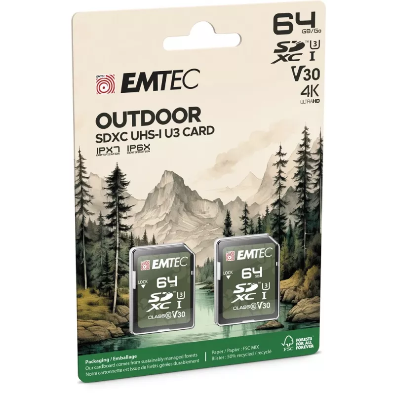 Cartão de memória Emtec 64GB UHS-I U3 V30 Outdoor ECMSD64GXCU3ORP