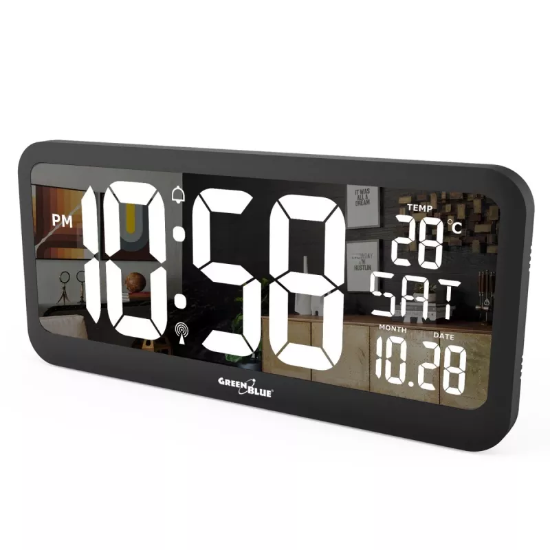 Relógio digital grande montagem na parede ou autónomo com sensor de temperatura 37x17cm ecrã LCD adaptador de rede e pilhas