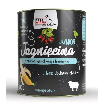 Comida húmida para cães SYTA MICHA Junior Borrego com cenoura preta e banana, 800 g, monoproteína, sem glúten e sem açúcar