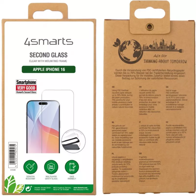 Película protetora de ecrã transparente 4smarts 541200 para Apple iPhone 16 resistente a choques resistente a impactos resistente a riscos