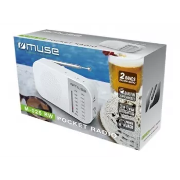Rádio portátil Muse M-025 RW — analógico FM/AM, branco, a pilhas, antena externa