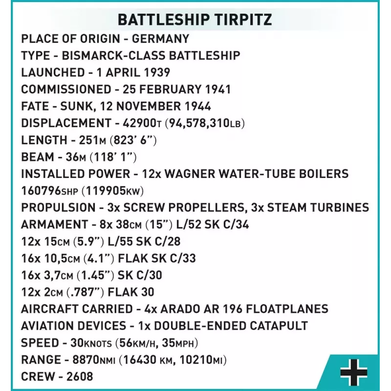 COBI 4839 Historical Collection conjunto de blocos de construção couraçado Tirpitz, 2810 elementos, 1:300