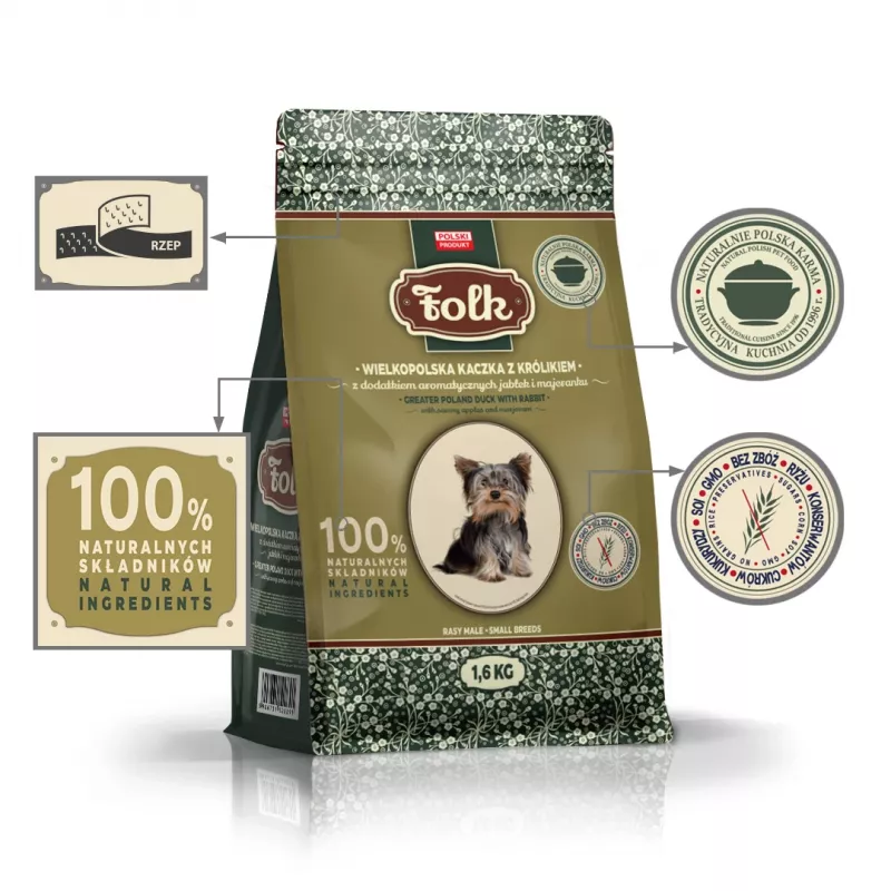 FOLK raças pequenas tradicional pato da Grande Polónia com coelho, maçãs e manjerona - comida seca para cães - 1,6 kg