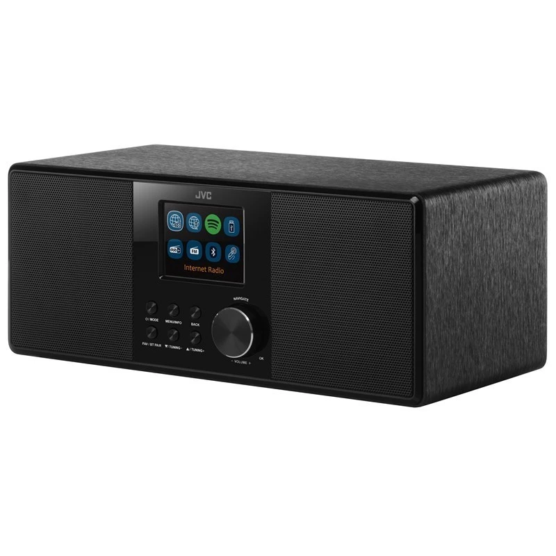 Rádio internet JVC RA-E981B — streaming Wi‑Fi e Bluetooth, DAB+, FM, 2x5W, 40 memórias de estações, USB, AUX, ecrã LCD