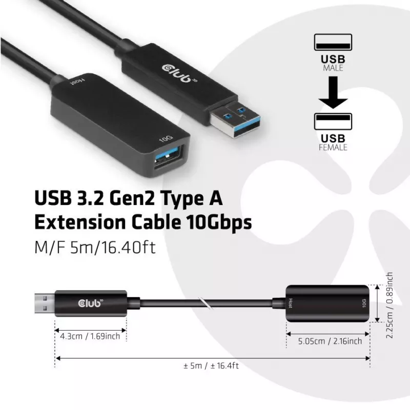 CLUB3D Cabo de extensão USB 3.2 Gen2 Type-A 10 Gbit/s M/F 5 m