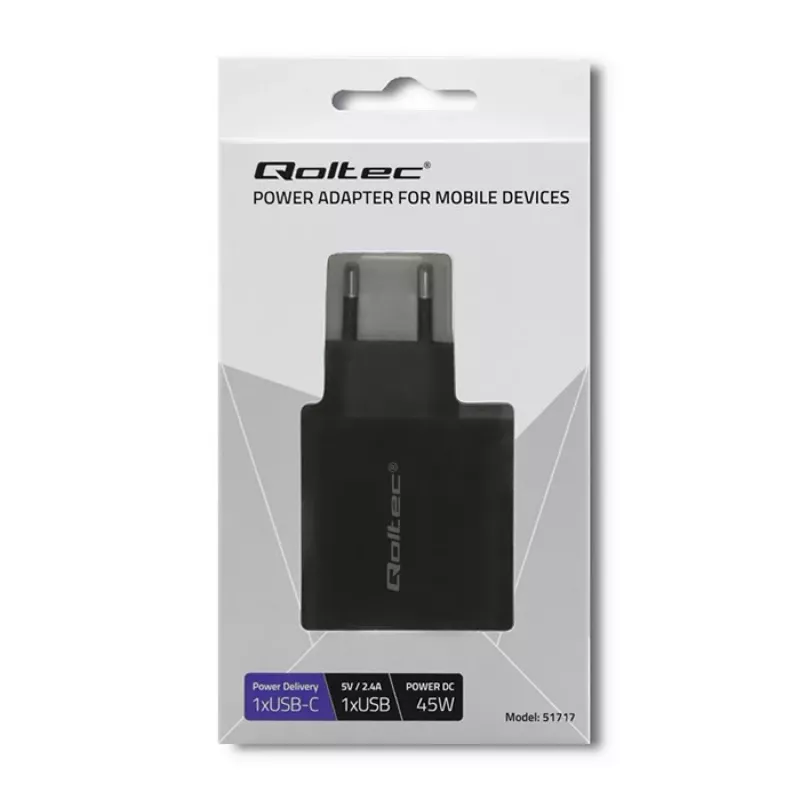 Fonte de alimentação QOLTEC 51717 45W 20V 3A carregador AC para interiores para smartwatch, preto