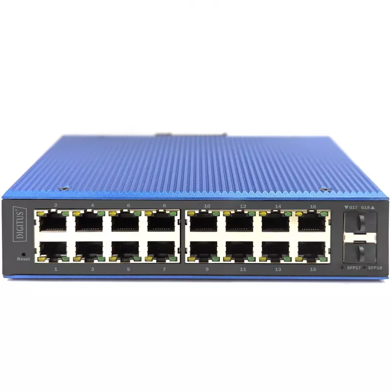 Switch Gigabit Ethernet gerido L2 industrial DIGITUS 16x RJ-45 + 2x SFP, 12–48V DC, 8000 MAC