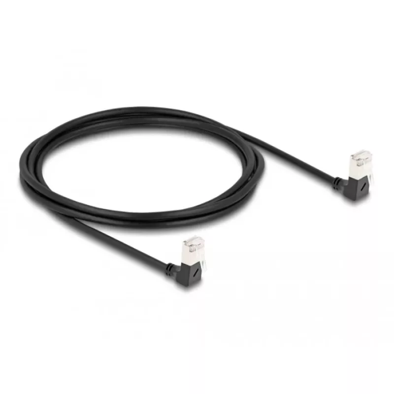 Cabo de rede DeLOCK RJ45 Cat.6A S/FTP fino 90° para baixo 2 m preto