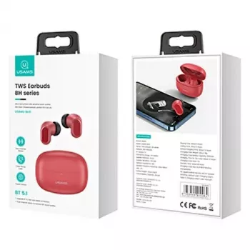 Auscultadores TWS sem fios usams série BH BHUBH03 Bluetooth 5.1, vermelho — In-Ear, estojo de carregamento