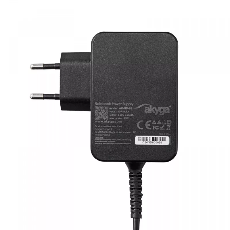 Fonte de alimentação para portátil Akyga AK-ND-80 USB-C GaN 45 W, PD 3.0, 5–20 V, cabo de 1,8 m, preto