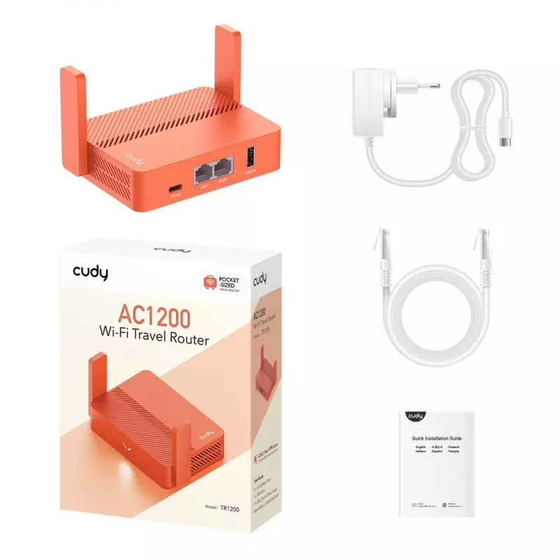 Router portátil Cudy AC1200 (TR1200) – Laranja, alimentação por rede, 1x RJ-45 LAN/WAN, USB 2.0