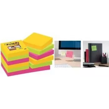 3M 62212SR Notas adesivas, quadradas, 90 folhas, verde/rosa/amarelo