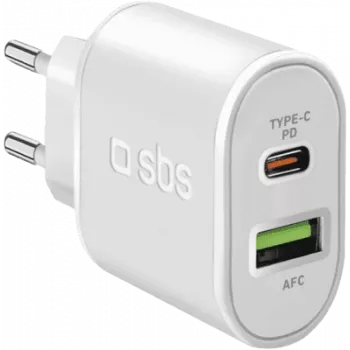 SBS - Fonte de alimentação - 20 Watt - 3 A - carregamento rápido, PD - 2 portas de saída (USB, USB-C de 24 pinos) - branco - Europa (TETRPD20W)