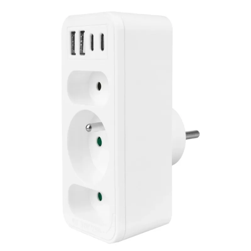 Power Splitter MACLEAN MCE248 F/W — 3 tomadas AC (1×16A, 2×6A) + 4×USB (2×A, 2×C PD 20W), ficha EU, branco