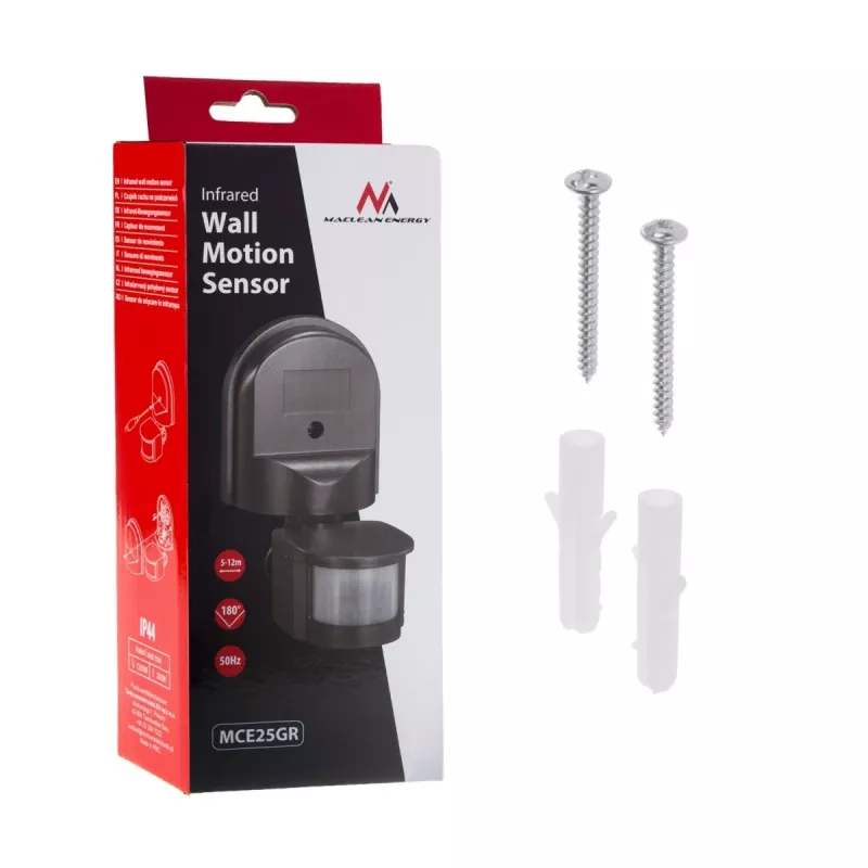 Sensor de movimento e crepuscular de parede Maclean MCE25 GR 180°, máx. 1200W, cinzento