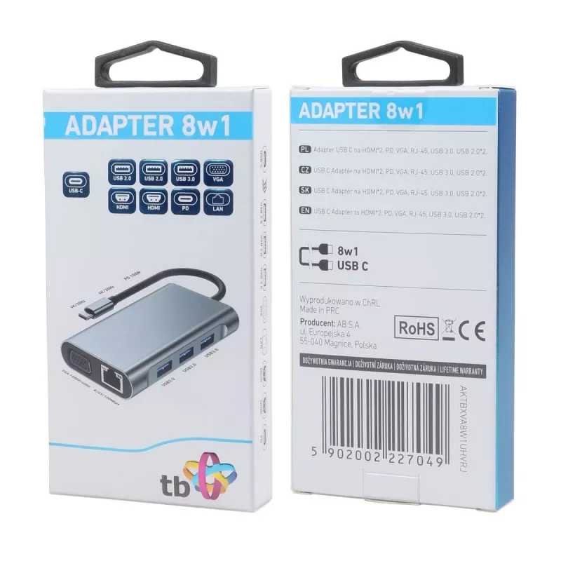 HUB 8in1 adaptador USB C HDMI x2 USB VGA RJ45 PD
