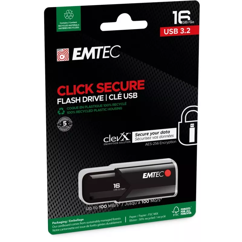Pen drive Emtec B120 Click Secure 16 GB USB Type-A 3.2 Gen 2 preto