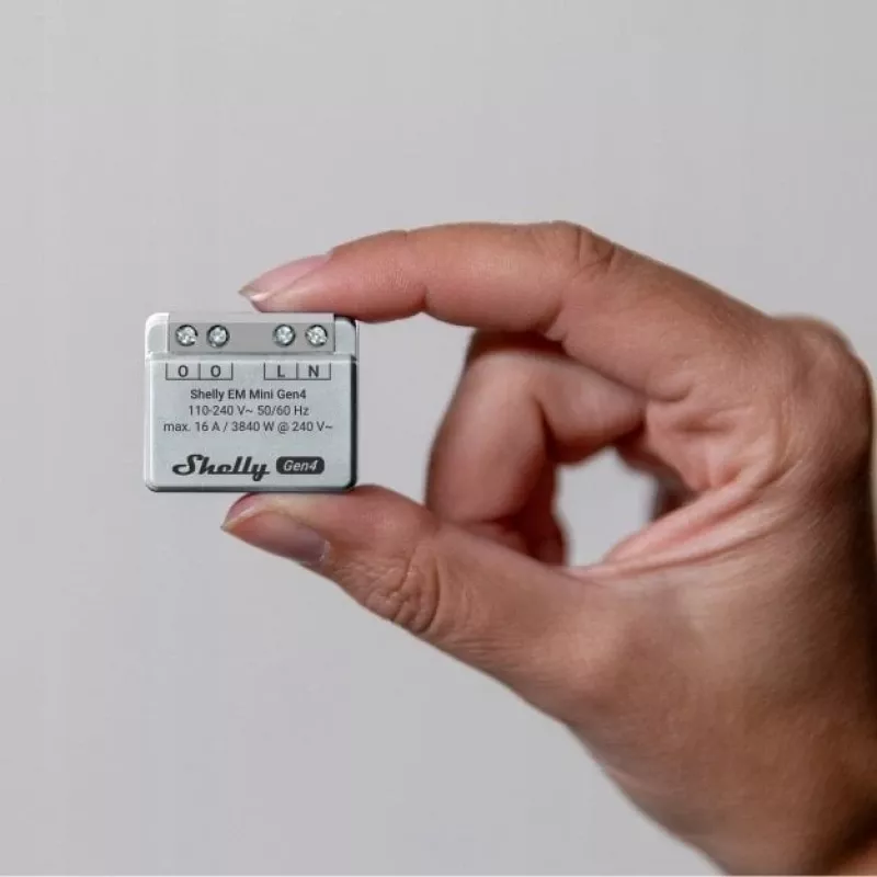 Relé inteligente Shelly Relay EM Mini Gen4 1 canal Wi‑Fi Matter Zigbee Bluetooth 8A, 110–240V, contador de energia