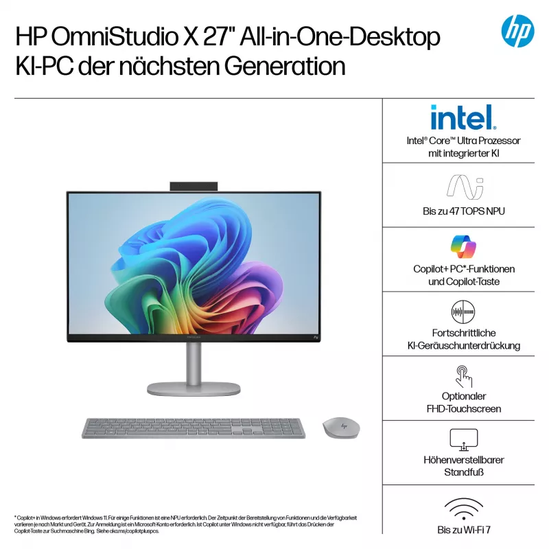HP OmniStudio X 27-cs1077ng PC All-in-One tátil FHD de 27 polegadas, Intel Core Ultra 7 256V, 16 GB RAM, 1 TB SSD