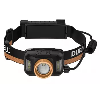 Lanterna de cabeça Duracell DH1500R — preta/laranja, iluminação recarregável mãos livres