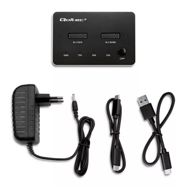 Qoltec 52274 Dock para SSD M.2 | NVMe | SATA | USB-C | DUAL 2 x 2TB
