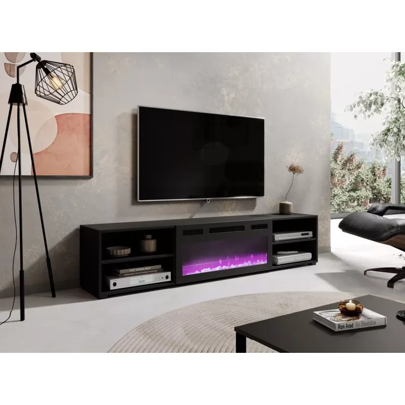 Móvel de TV Cama Meble POLO 180x33x39 cm com lareira elétrica 1400–1600 W, preto, 2 prateleiras, laminado