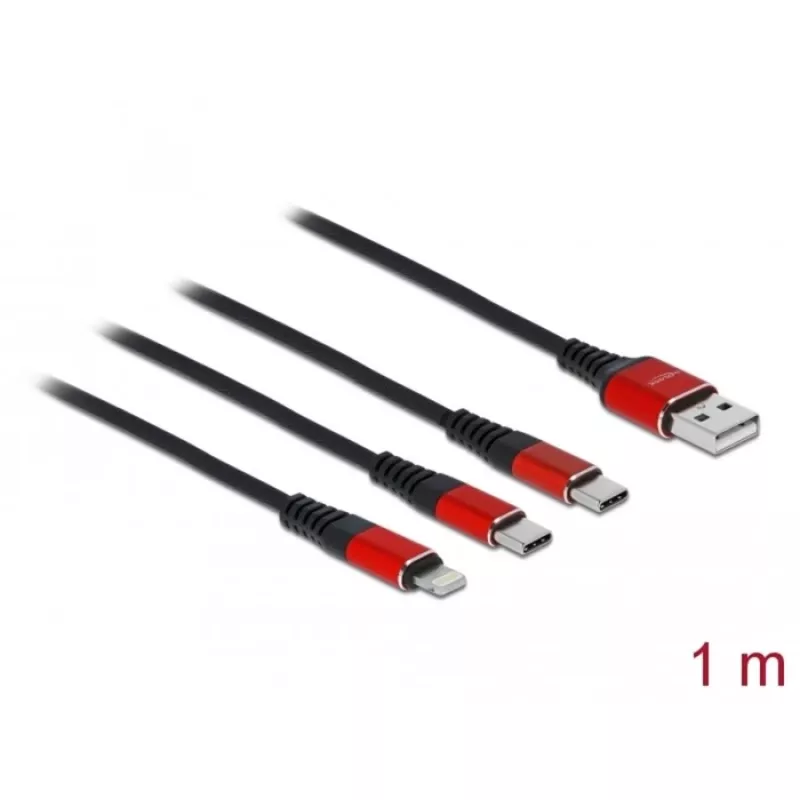 Cabo de carregamento USB DeLOCK 3 em 1 Type-A para Lightning / 2 x USB Type-C 1 m preto / vermelho