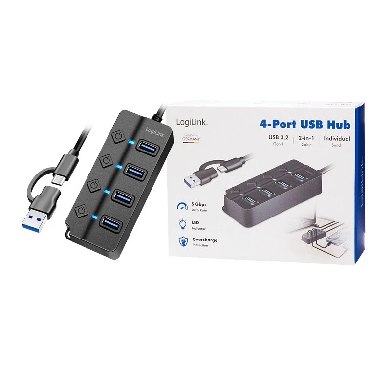HUB USB 3.2 Gen1, 4x USB-A com interruptor ligar/desligar