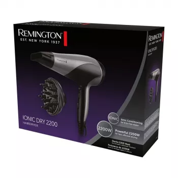 Secador de cabelo Remington D3190S — 2200 W, iónico, 3 níveis de temperatura, 2 velocidades, jato de ar frio, difusor e concentrador (prateado/preto)