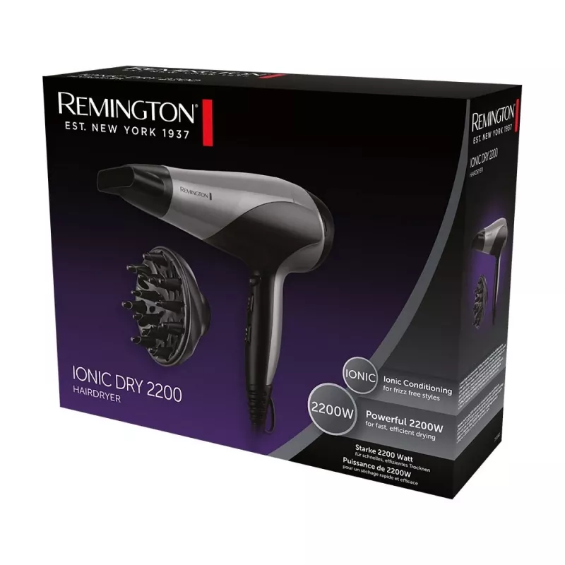 Secador de cabelo Remington D3190S — 2200 W, iónico, 3 níveis de temperatura, 2 velocidades, jato de ar frio, difusor e concentrador (prateado/preto)