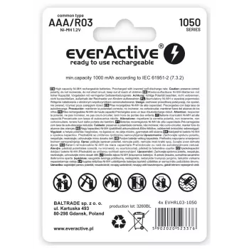 Pack de pilhas recarregáveis AAA NiMH everActive EVHRL03-1050 1,2 V — 4 unid., 1050 mAh