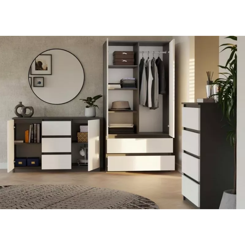 Cómoda 2 portas 3 gavetas top e shop M-MP-K-MAL-2D3S-ANTBIA — estrutura antracite, portas brancas, 1200×750×400 mm