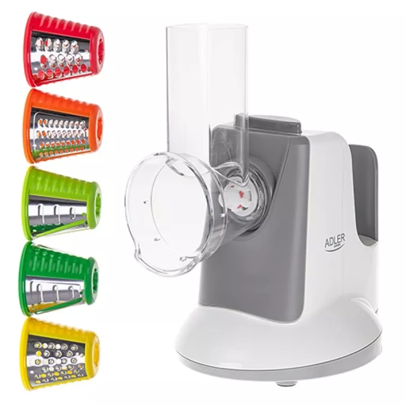 Cortador de legumes Adler AD 4815, 150 W, 5 discos, caixa em ABS, branco/cinzento