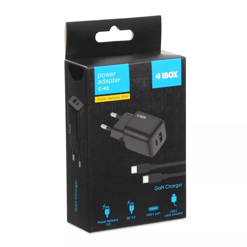 Fonte de alimentação externa IBOX ILUC42B 12 V 2 A, 33 W, USB-A + USB-C PD3.0, QuickCharge 3.0, universal