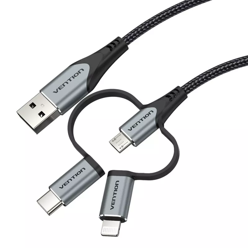 Cabo Vention USB 2.0 A macho para 3-em-1 Micro-B&USB-C&Lightning macho 1M cinzento liga de alumínio