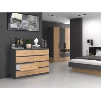 Cómoda Top e shop M8 140 ANT/ART — 8 gavetas, antracite/carvalho, 1380×400×970 mm, aglomerado