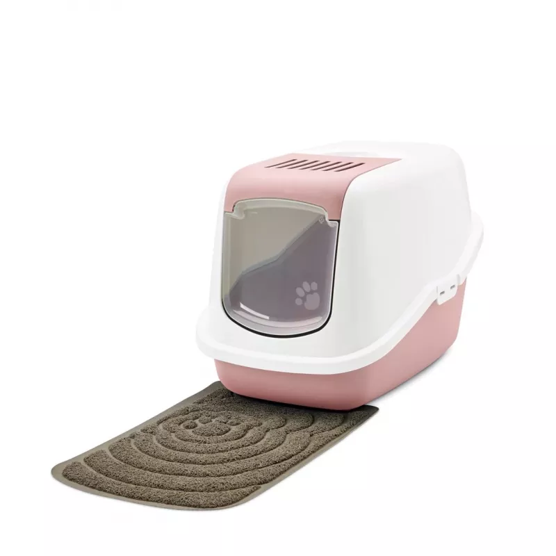 Caixa de areia para gatos com tampa Savic Nestor branco-rosa, bandeja fechada com tampa, 56×39×38,5 cm