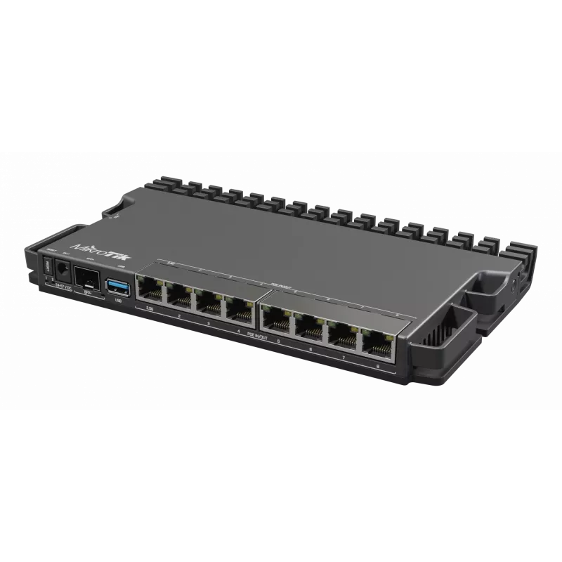 Router com fios MikroTik RB5009UPR+S+IN — 8x portas RJ-45 PoE, 2,5GbE, slot SFP+, RouterOS