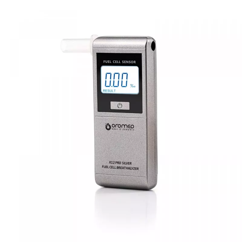 Alcoolímetro ORO‑MED X12 PRO SILVER — teste de alcoolemia sem contacto, intervalo 0–4 g/L, LCD, pilhas AAA