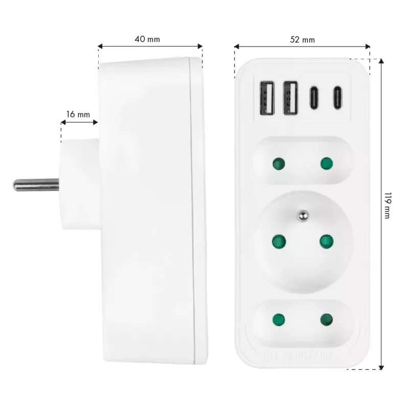 Power Splitter MACLEAN MCE248 F/W — 3 tomadas AC (1×16A, 2×6A) + 4×USB (2×A, 2×C PD 20W), ficha EU, branco